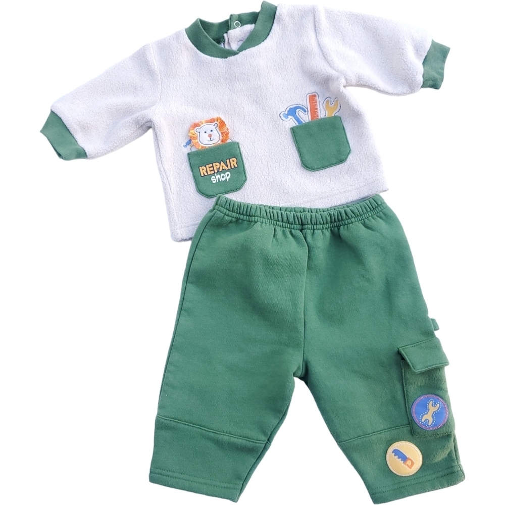 Bright Future 2 Piece Shirt & Bottoms Set Green|Tan Repair Shop Boys 3-6M